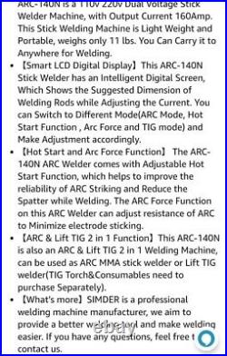 SSIMDER DC inverter MMA stick welder ARC-140N 160AMP ARC/TIG digital display